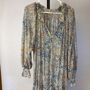 Free People Feeling Groovy Soft Blue floral print Combo lined boho Maxi Dress L